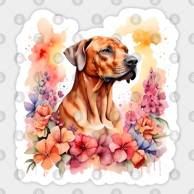 A rhodesian ridgeback decorated with beautiful watercolor flowers Sticker by CreativeSparkzz